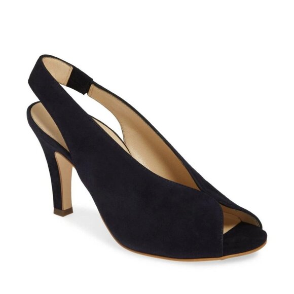 $350 PAUL GREEN Avanti Peep Toe Slingback Sandal HEEL NAVY BLUE SUEDE 6 (PG3) - Picture 1 of 6